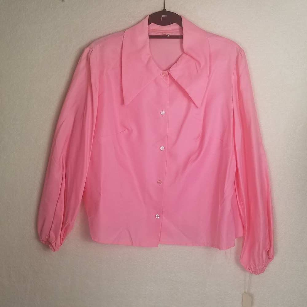Lane Bryant Blouse Womens 18.5 Pink New Vintage 70s Bishop Sleeve Pointed Collar